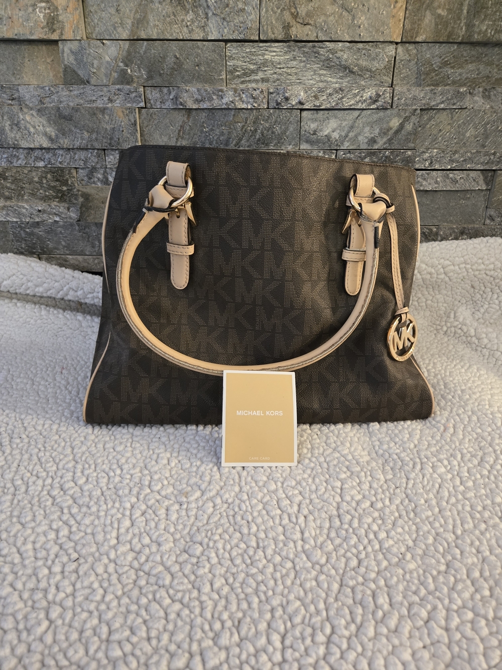 Michael Kors Dark Brown Logo Tote with Beige Trim and Gold Accent - Used